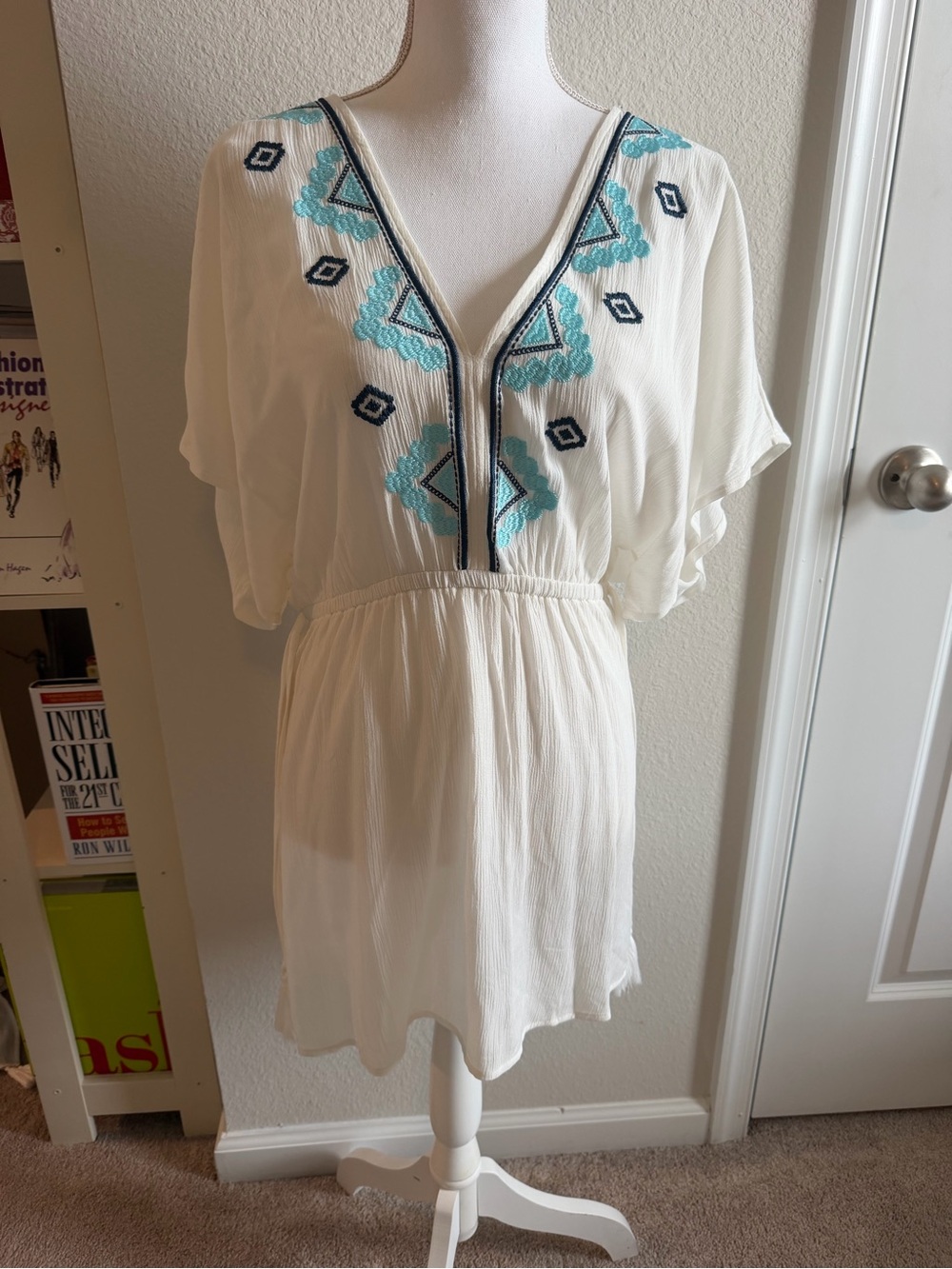 Target Kona Sol White Mini Dress with Turquoise and Navy Embroidery